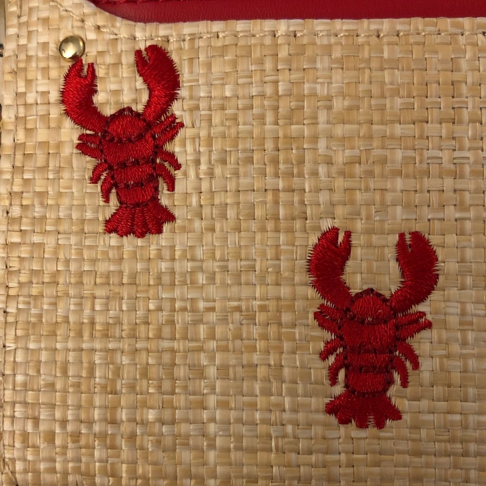 BCBG Generation Natural Color Straw Card Wallet Red Embroidered Lobsters NWT - Picture 14 of 16